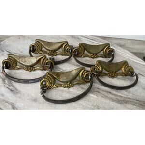 Vintage French Provincial Drawer Pulls Antiqued Floral Brass 3" Center Set of 5